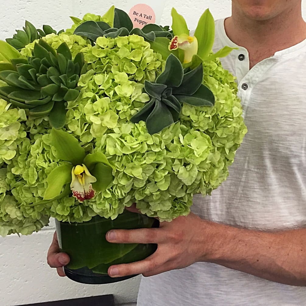 This Sumptuous Arrangement is Filled with Green Hydrangea, Green Orchids and Earthy