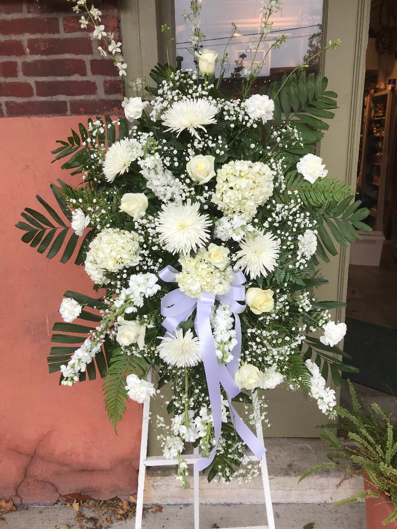 A large standing easel arrangement (over 6&#039;) of a variety of white