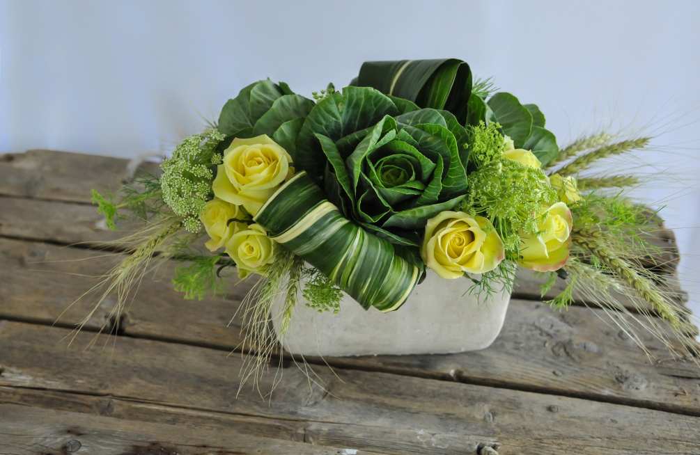 Green roses, hydrangea, and kale with a compact design in a beautiful