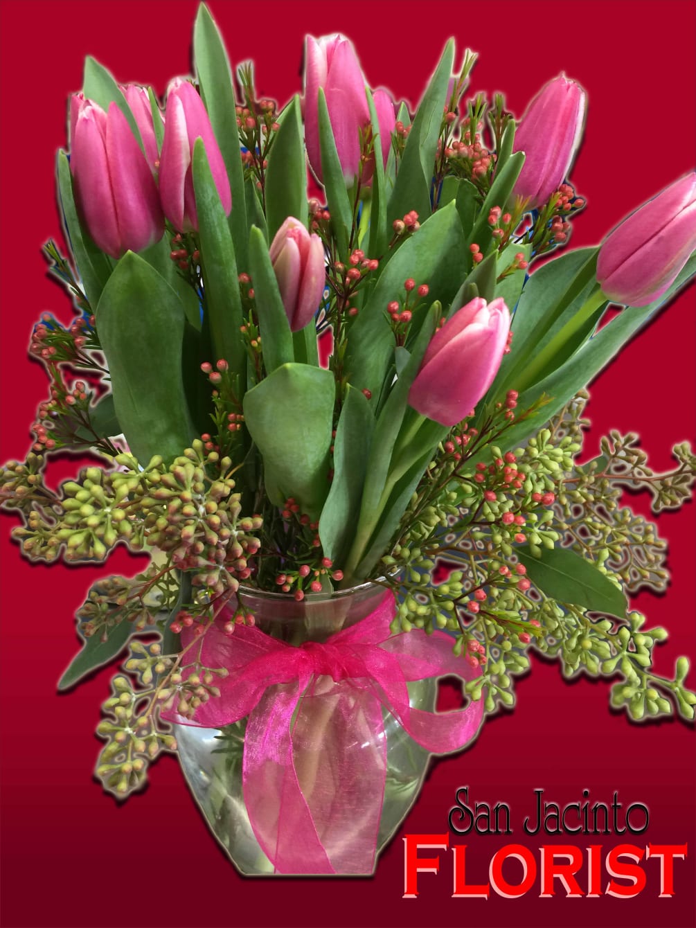 15 tulips pink and red in clear vase