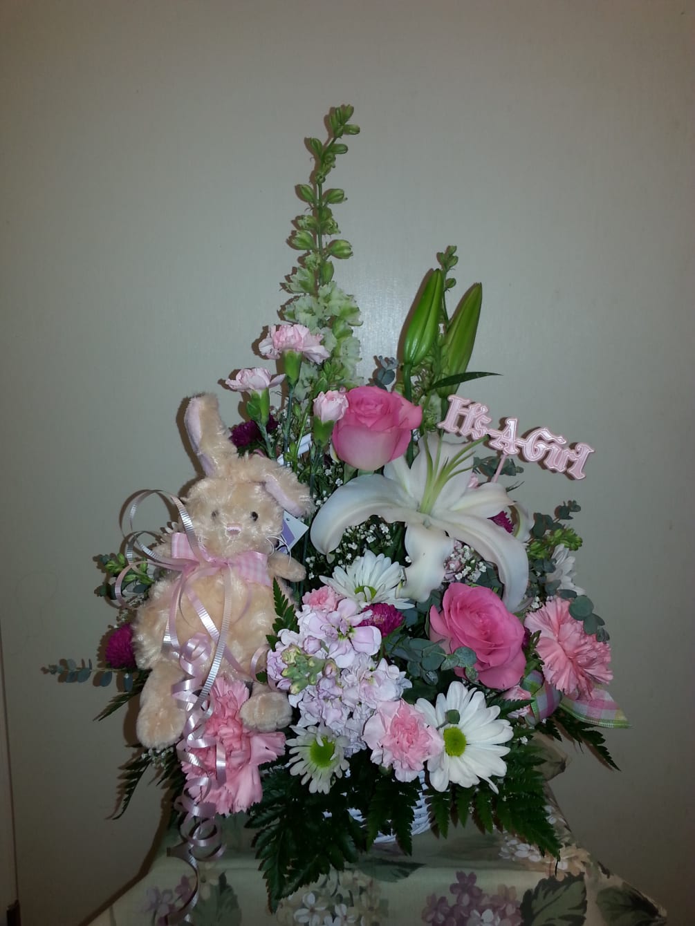 Pink and white floral mix with Roses, Lilies,and Daisys and Cute Bunny