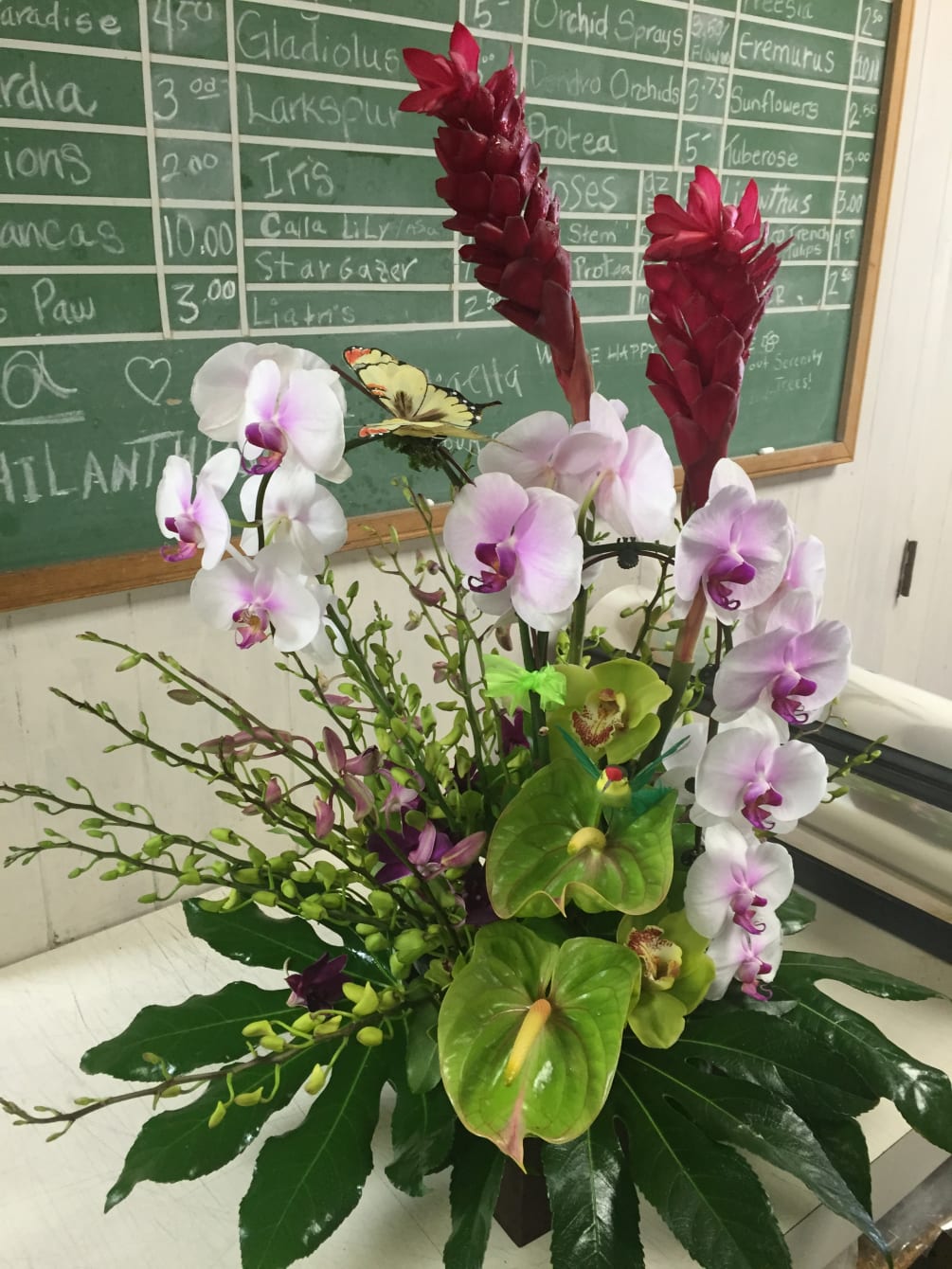 ARRANGEMENT WITH GINGER,ORCHID AND ANTHIRIUM