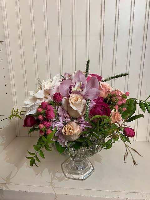 Beautiful Romantic Blooms in a Crystal Footed Bowl in shades of ivory