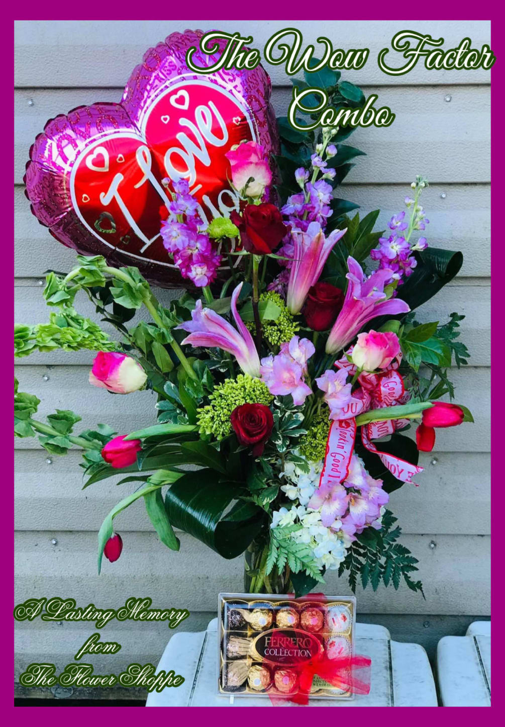 This includes large specialty bouquet of our choice, balloon and chocolates. This