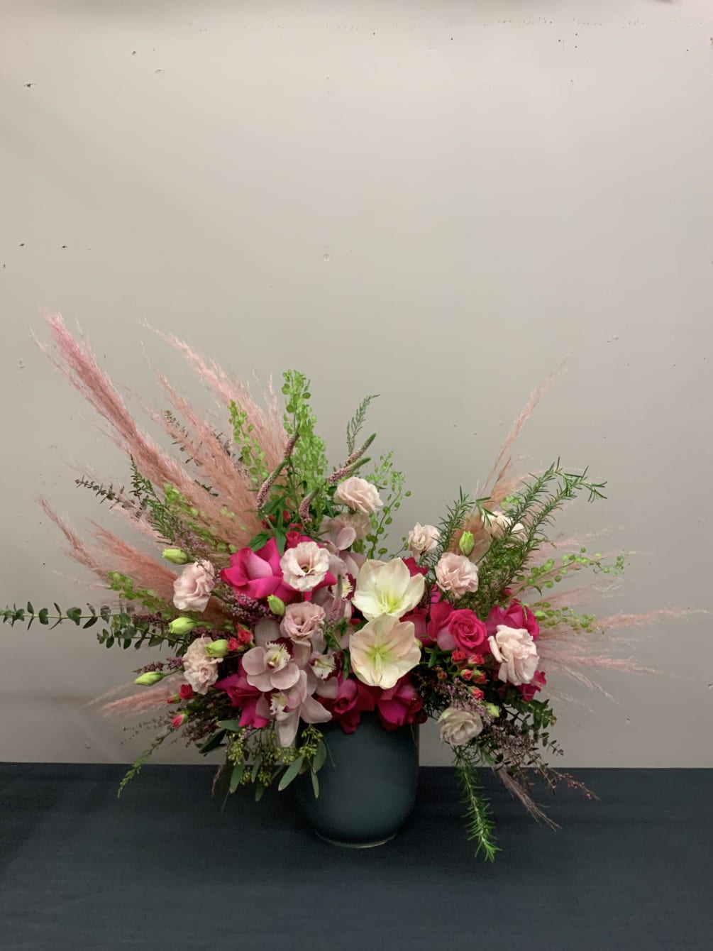 Bohemian style arrangement with the most beautiful textures and flowers chosen by
