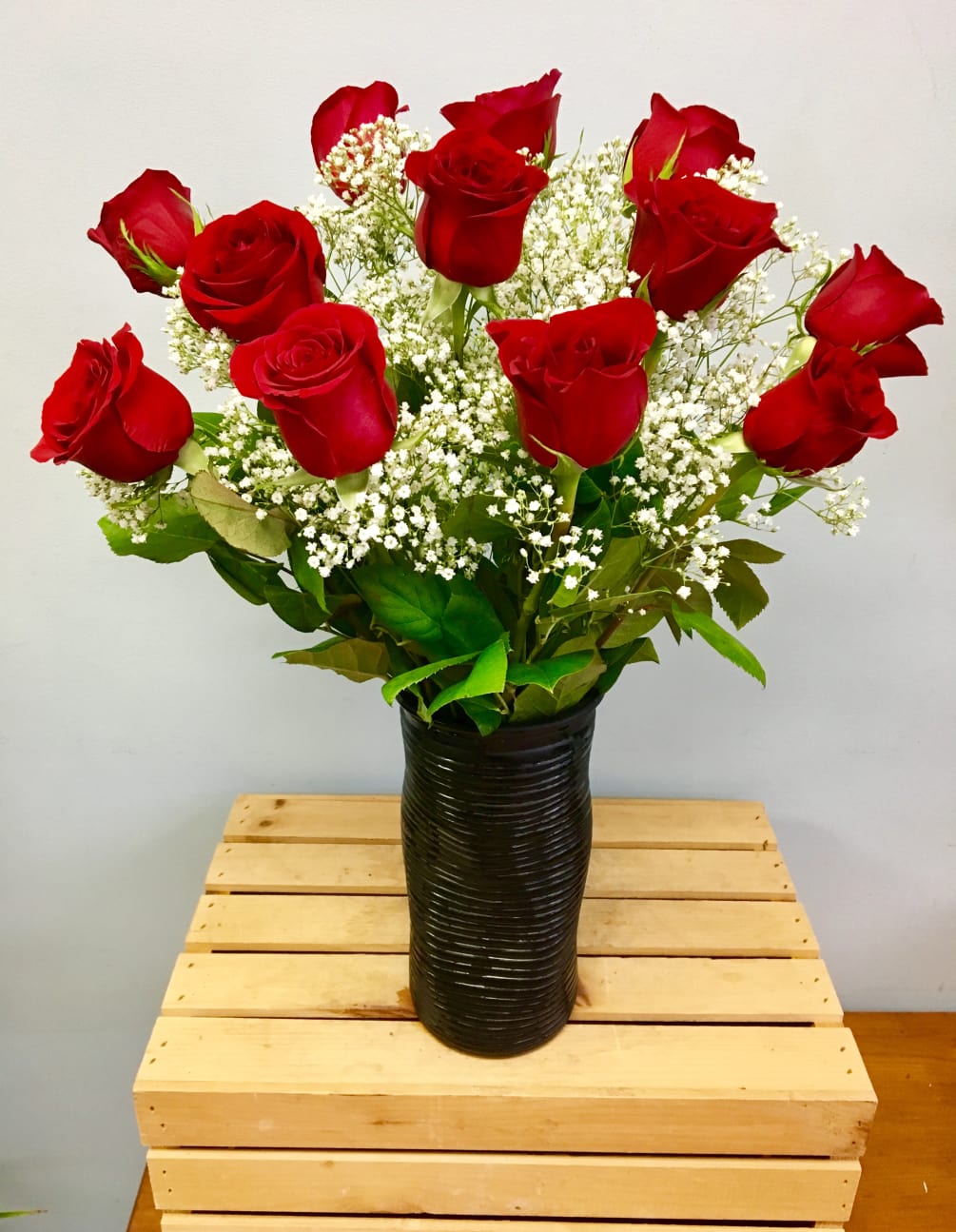 Red Rose Black Vase By Coady Florist