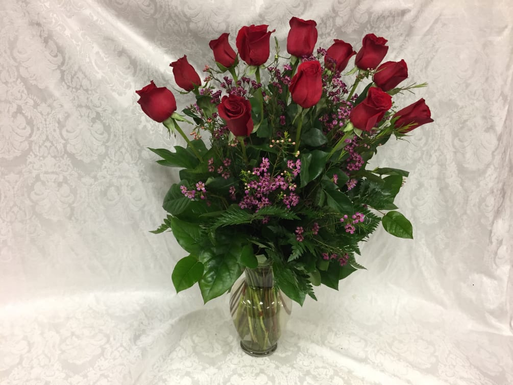 One Dozen Red Roses In Rose Vase By Irvine Village Flowers