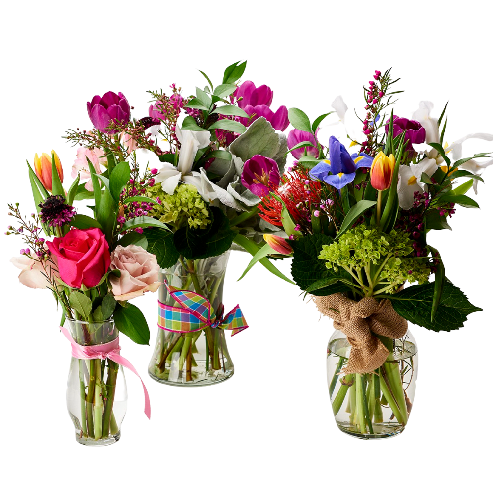 Our market arrangements are made with fresh seasonal flowers. The arrangements shown