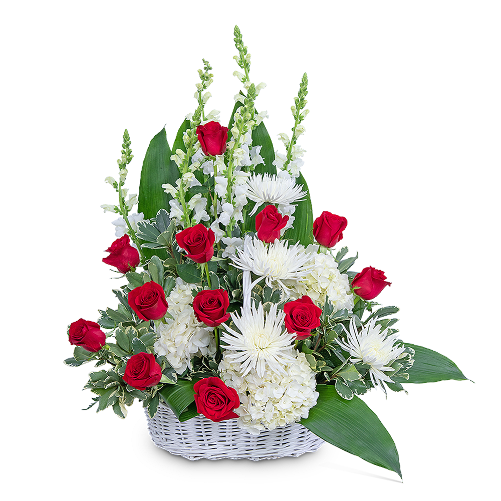 Our Serene Sanctuary Basket is a classic red and white funeral flower