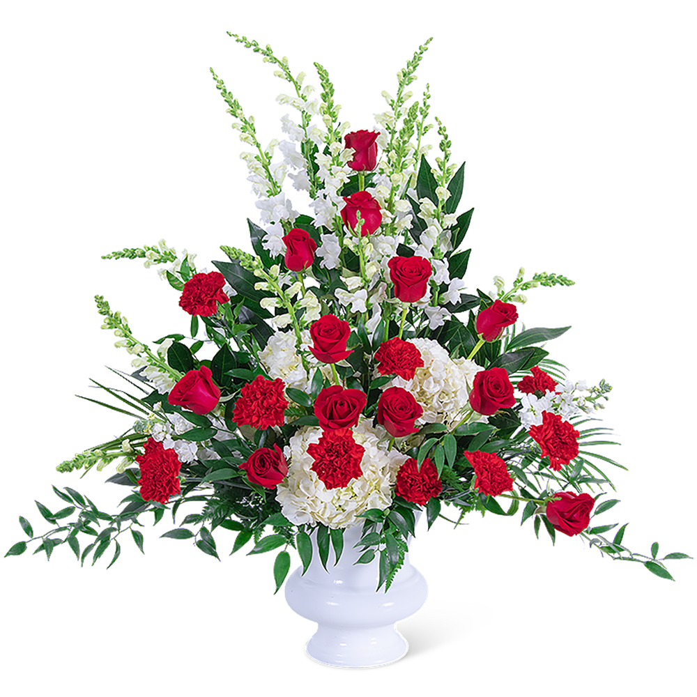 Our Serene Sanctuary Urn is a classic red and white funeral flower