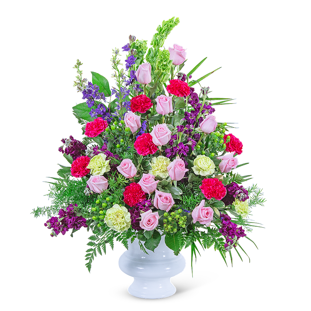 Our Always Remembered Urn is a gorgeous design with bright pinks, purples