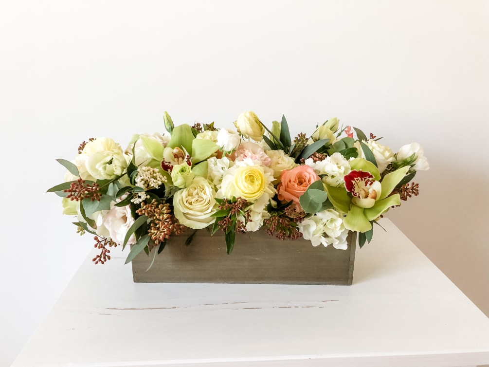 Green Wood Box By Snowdrop Flowers, Wooden Box For Flower Arrangement