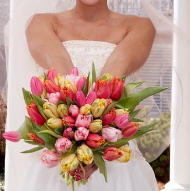 a spring bridal bouquet with colorful tulips accented with ribbon wrapped stems.
