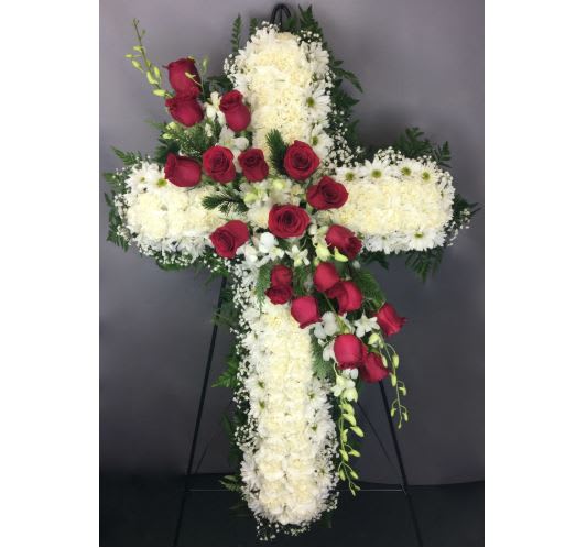 HOLY CROSS W/RED ROSES- LARGE CROSS- 36&quot;