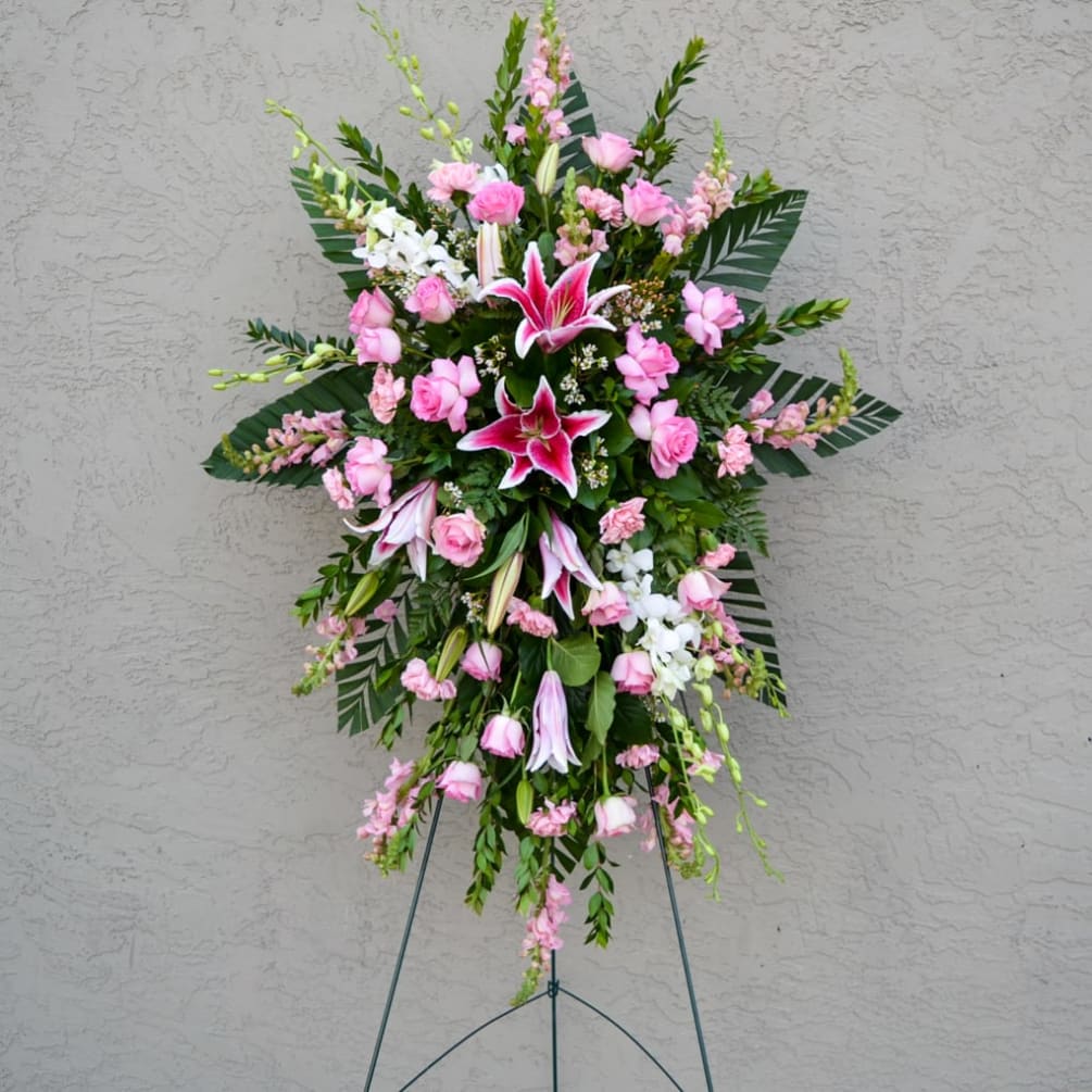 PRETTY IN PINK STANDING SPRAY comes with white dendro, pink oriental lilies