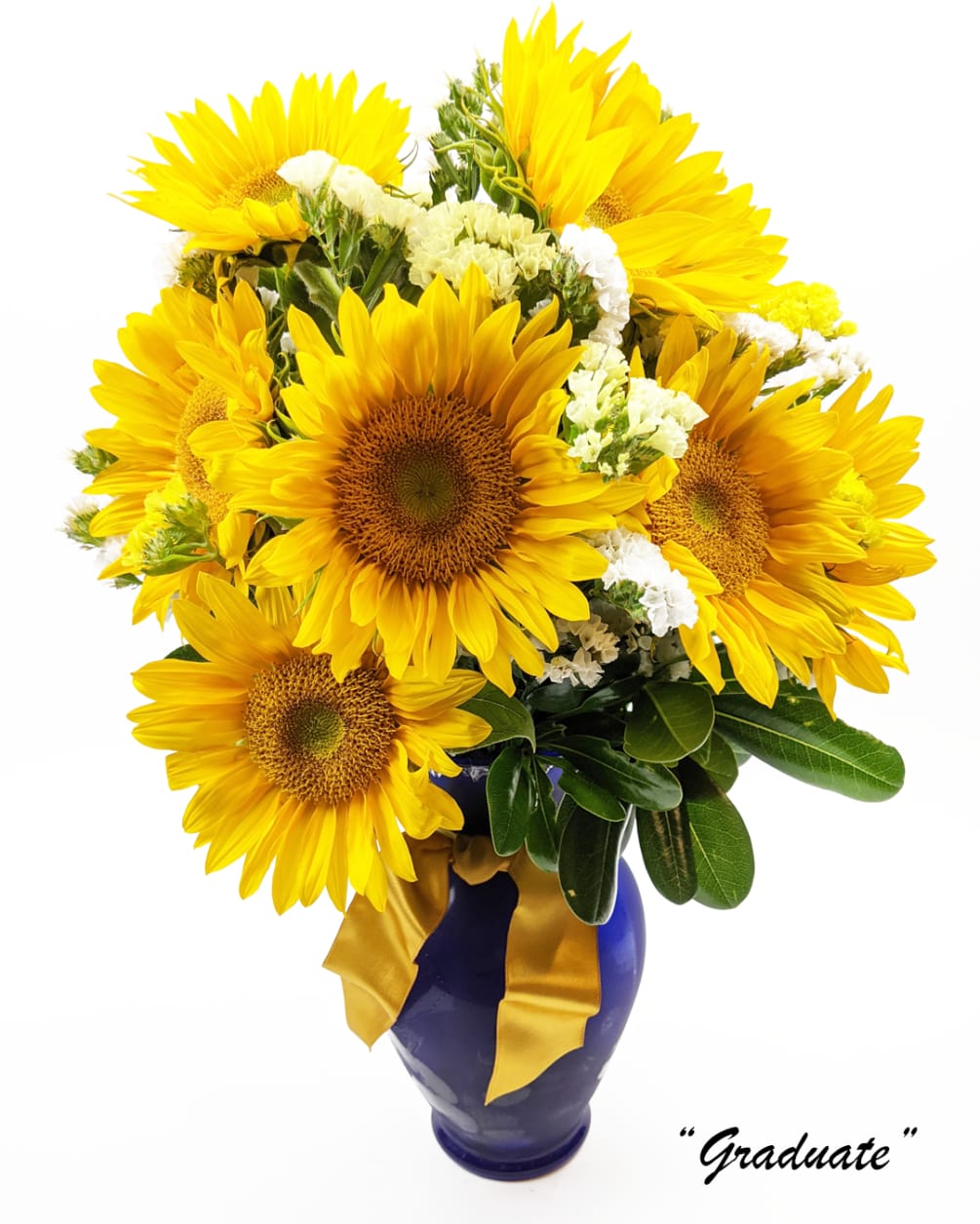 Hand-crafted mixed flower bouquet in a blue vase. The main flowers in