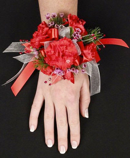 Wristlet, Red Mini Carnations, Sprigs Lavender Waxflower, Sprigs Of Ming Fern, Red