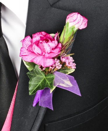 Purple Mini Carnation Bloom, Purple Mini Carnation Bud, Sprig Of Lavender Waxflower