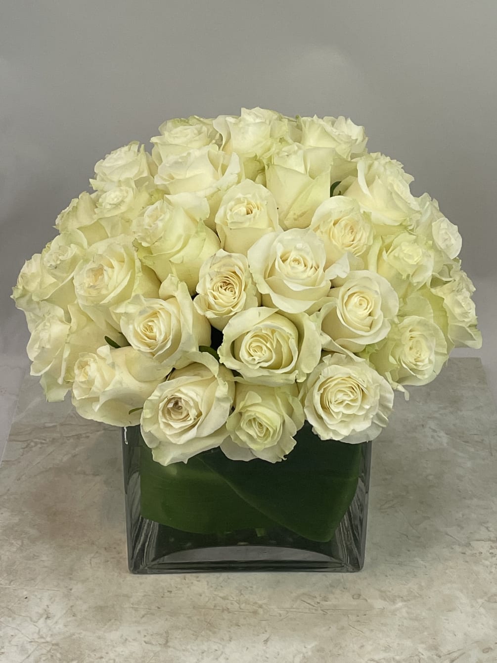 A elegant round ball of 4 Dozen  white roses.