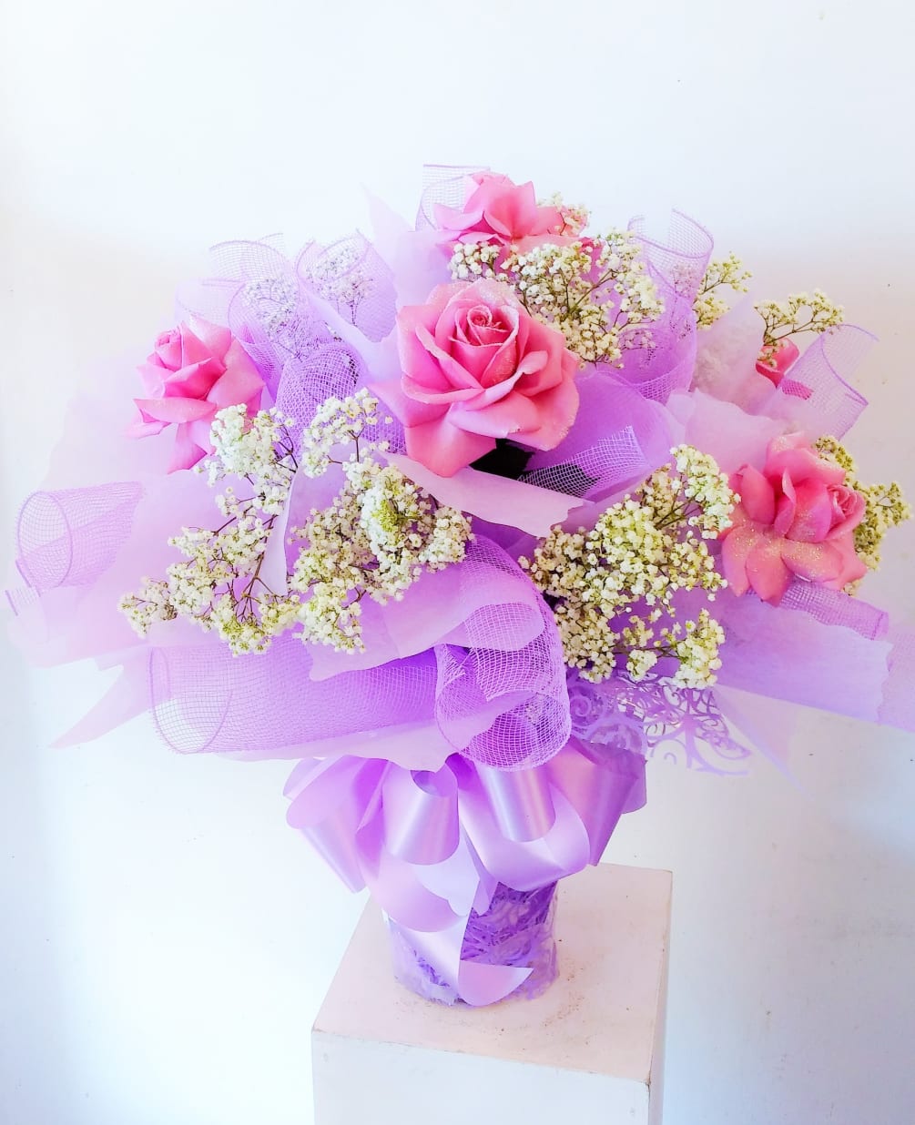 1/2 dozen glittered and bloomed lavender roses wrapped Hong Kong style and