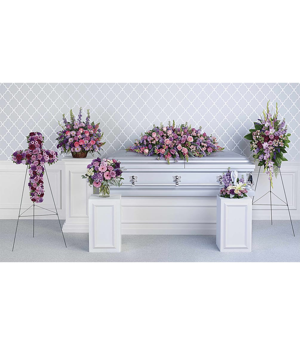 A tender tribute to your beloved, this lovely lavender, pink and white