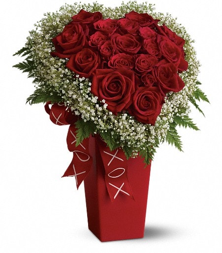 Red carnations and white Million Star gypsophila accented with fern are delivered
