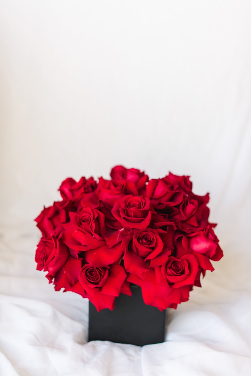 Simple and classic all red rose arrangement in a black cube vase.