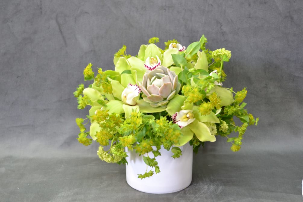 These bundle of greens beautifully put together with Cymbidium Orchids, Succulents, Viburnum