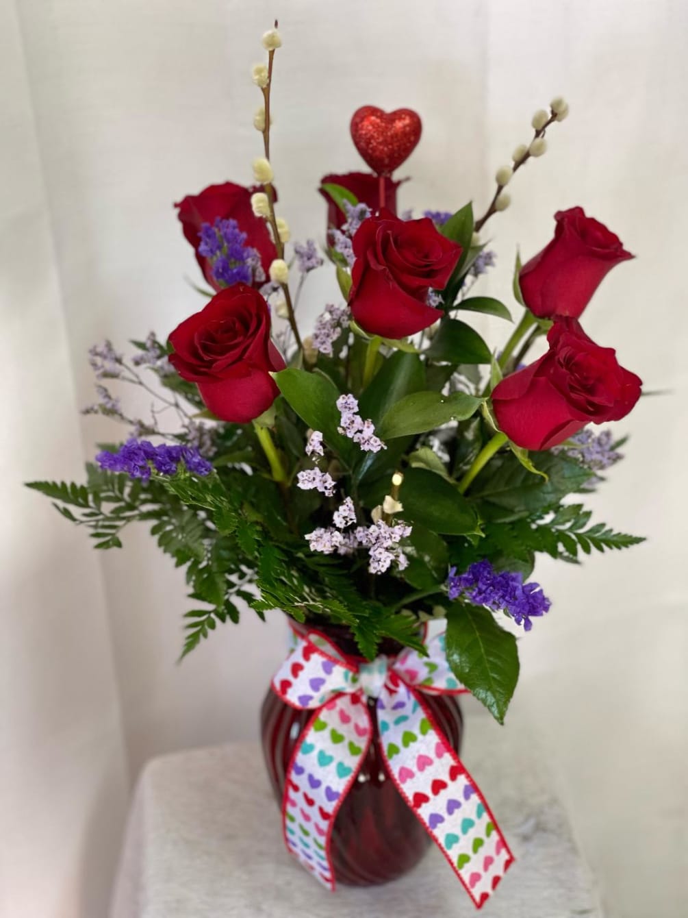 1/2 dozen Red Roses with pussywillow and statice