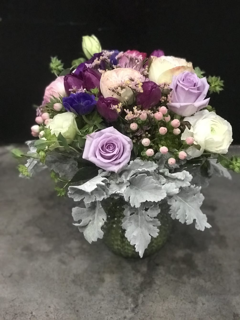 mixed high style bouquet with Dusty Miller greens