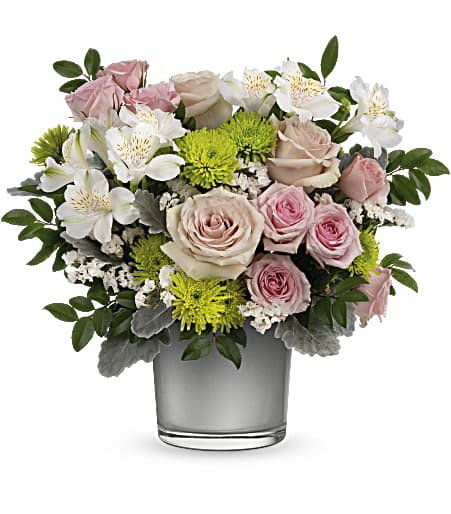 Presented in a shimmering silver moonstone glass vase, this feminine pink rose