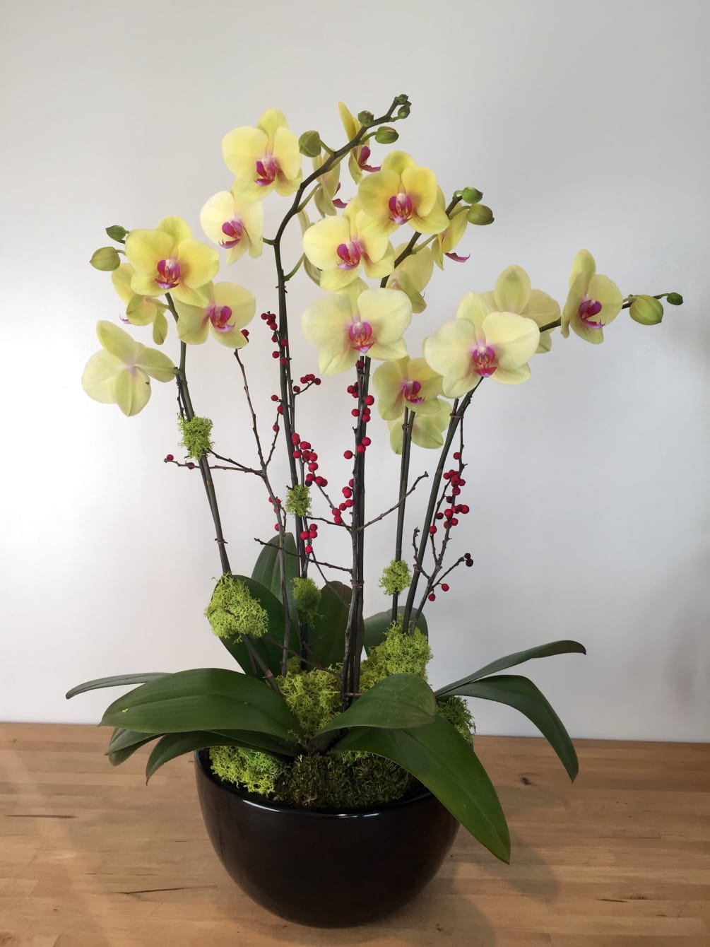 Yellow with Red lip Orchid arrangement. For holiday season  
