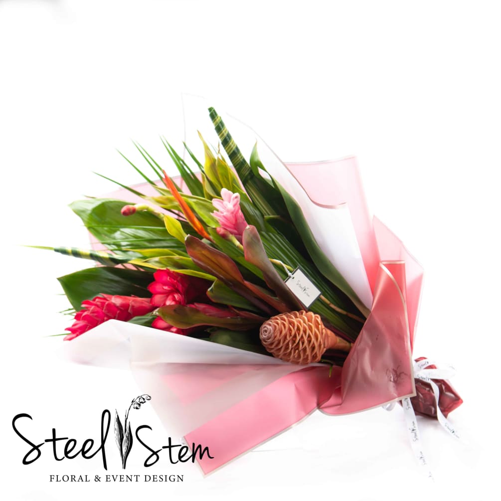 A gorgeous assortment of premium tropical flowers that is elegantly wrapped in
