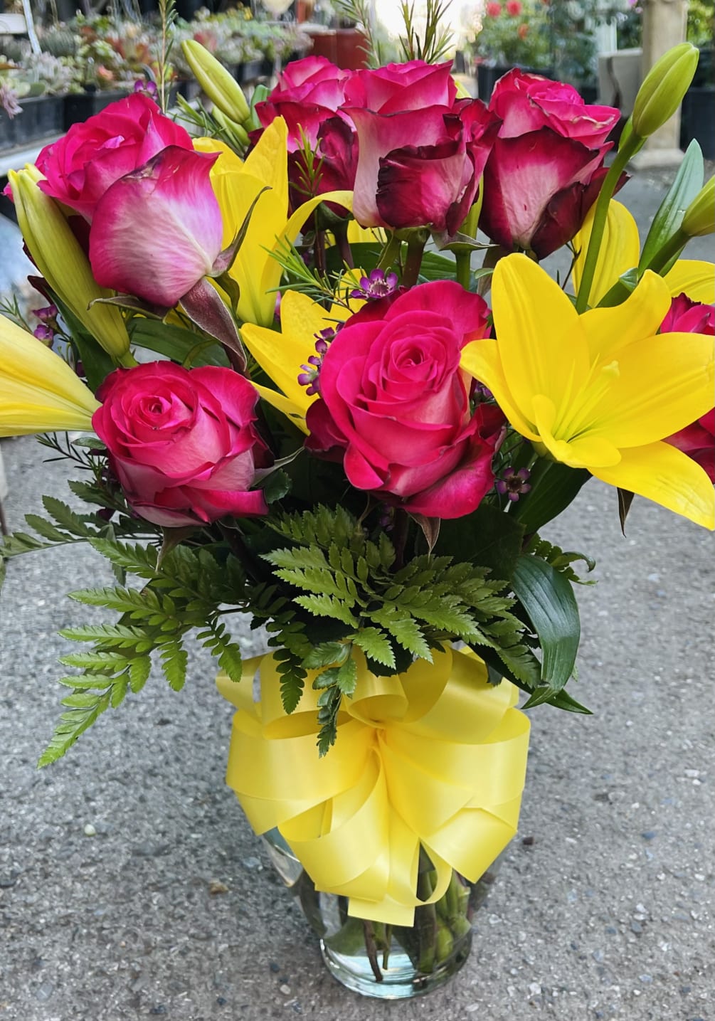 Yellow Lilies and pink roses
