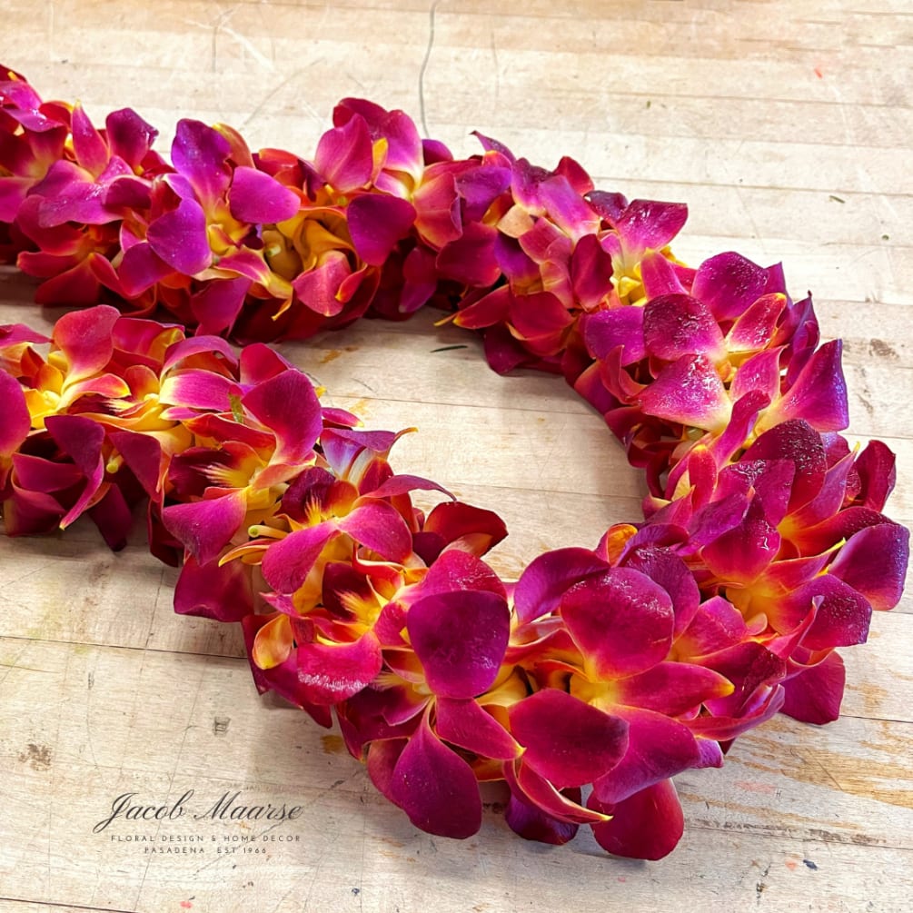 USC  Double Dendrobium Orchid lei. Crimson and gold come together to