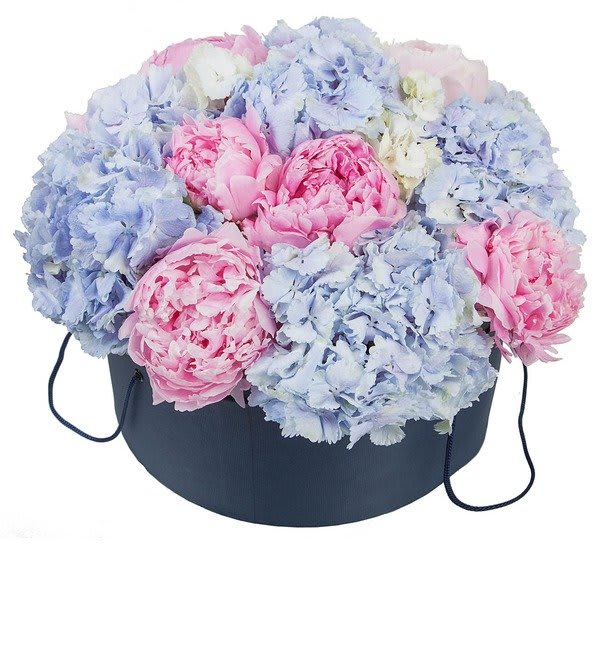 Perfectly coordinated symphony of blushing pink peonies and Blue hydrangeas that will