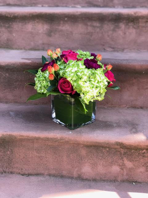 Compact vase arrangement with spray roses, hydrangea, and carnations. 