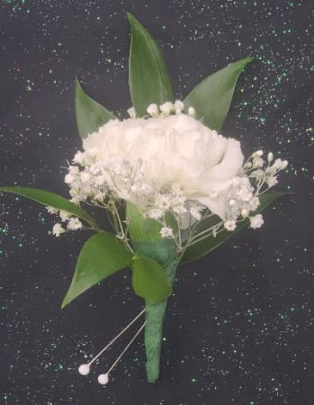 Single carnation boutonniere with greens and Babies breath.