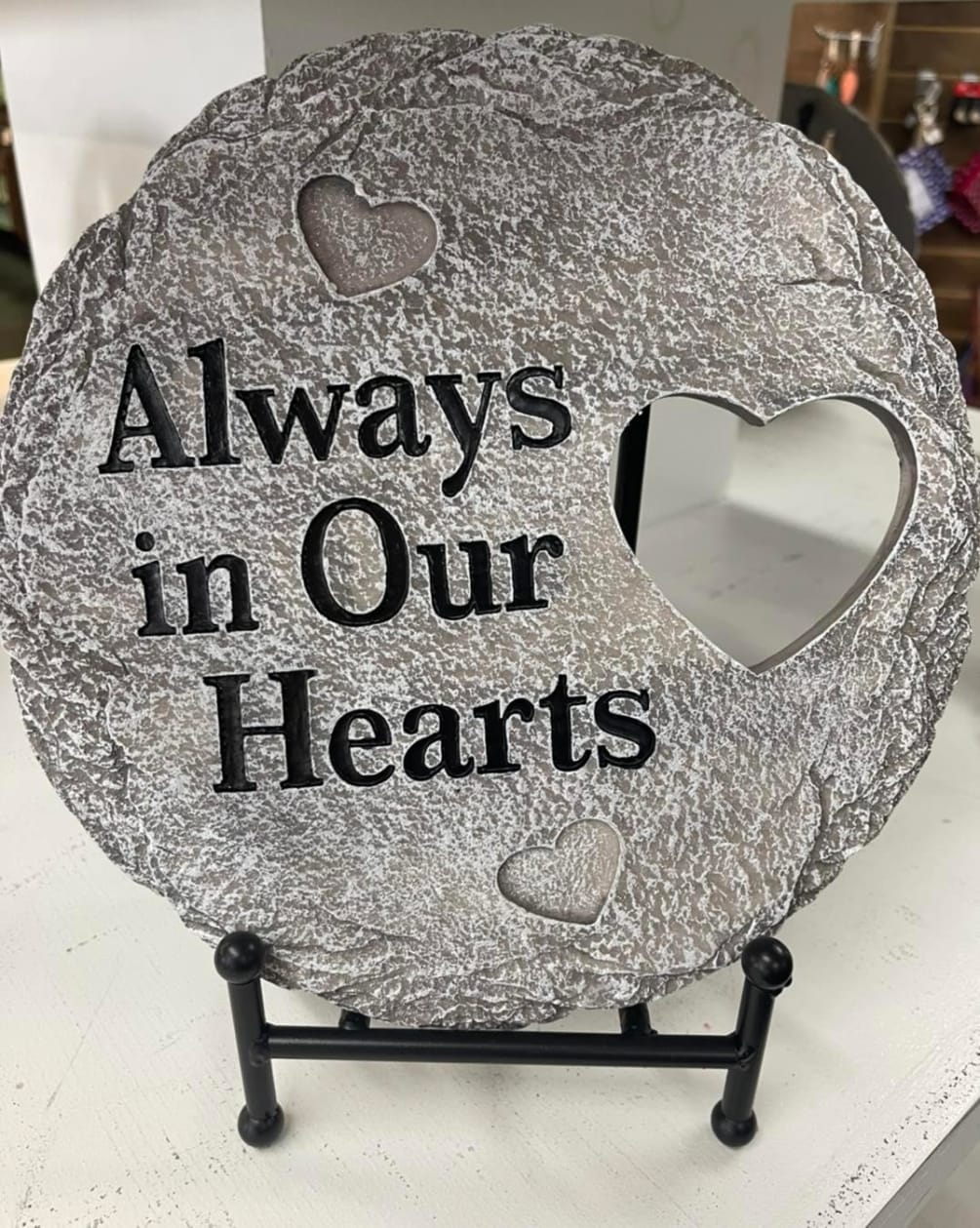 Always in our Hearts Stone w/ Hearts, 10.5&Prime; Diameter includes stand pictured.
