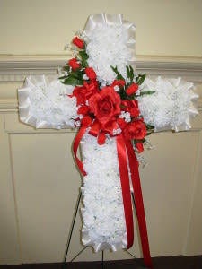 OUR LARGE SILK CROSS is made of quality SILK -PERMANENT white carnations