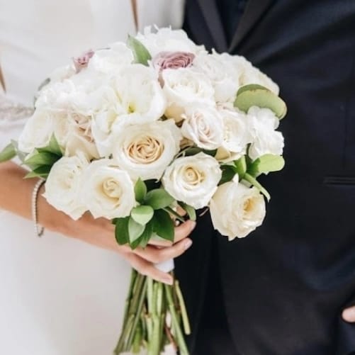 This Gorgeous Bridal Bouquet of Playa Blanca Garden Roses, White Majolika Spray