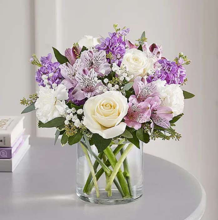 Lavender and white vase arrangement