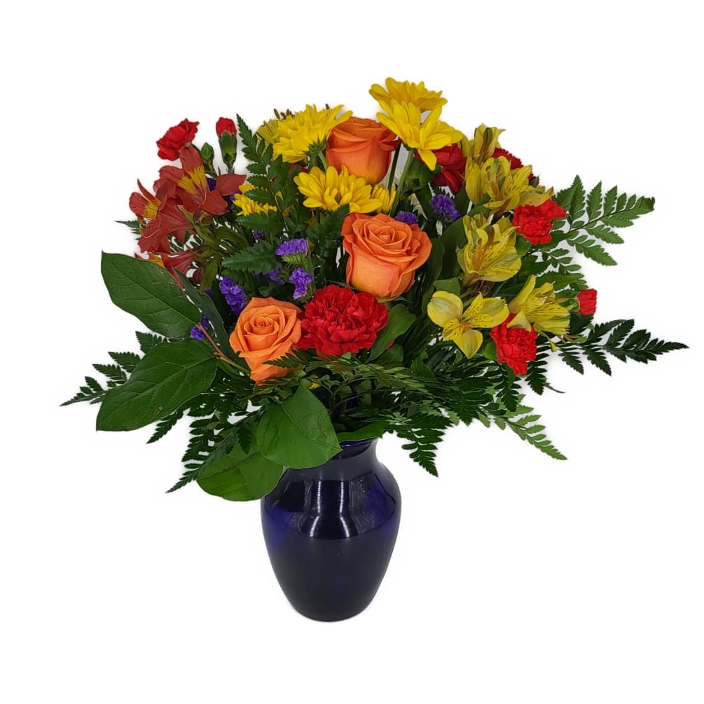 Brilliant orange roses, yellow alstroemeria, red carnations and miniature carnations, yellow daisy