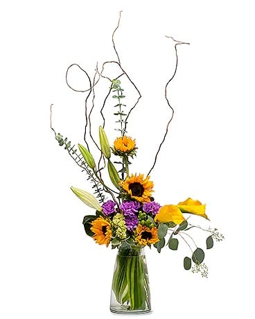 Back Porch features gorgeous golden Sunflowers and Callas with accent flowers and