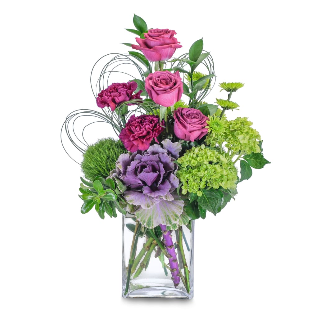 &quot;A stunning mix of magenta and green flowers, including roses, hydrangea, hypericum