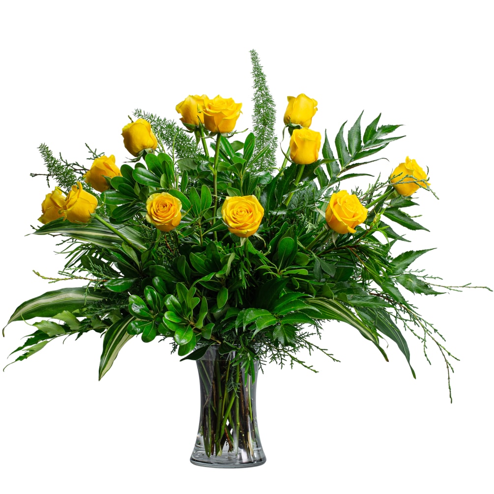 Reminiscent of a clear, starry night, this arrangement includes bight yellow roses
