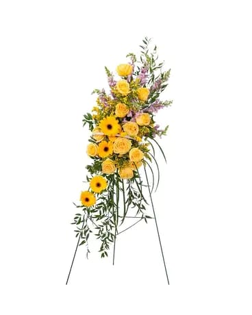 A beautiful standing spray of yellow and lavender blooms.
Approximate size: 28&quot;H x