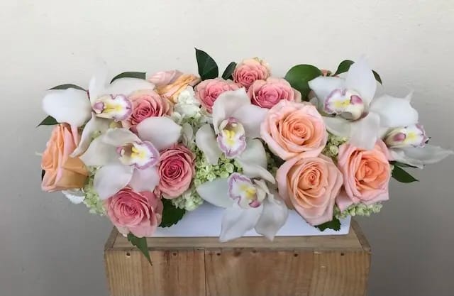 Soft color Roses, Hydrangeas, Orchid blooms in 12&rdquo; ceramic container 
