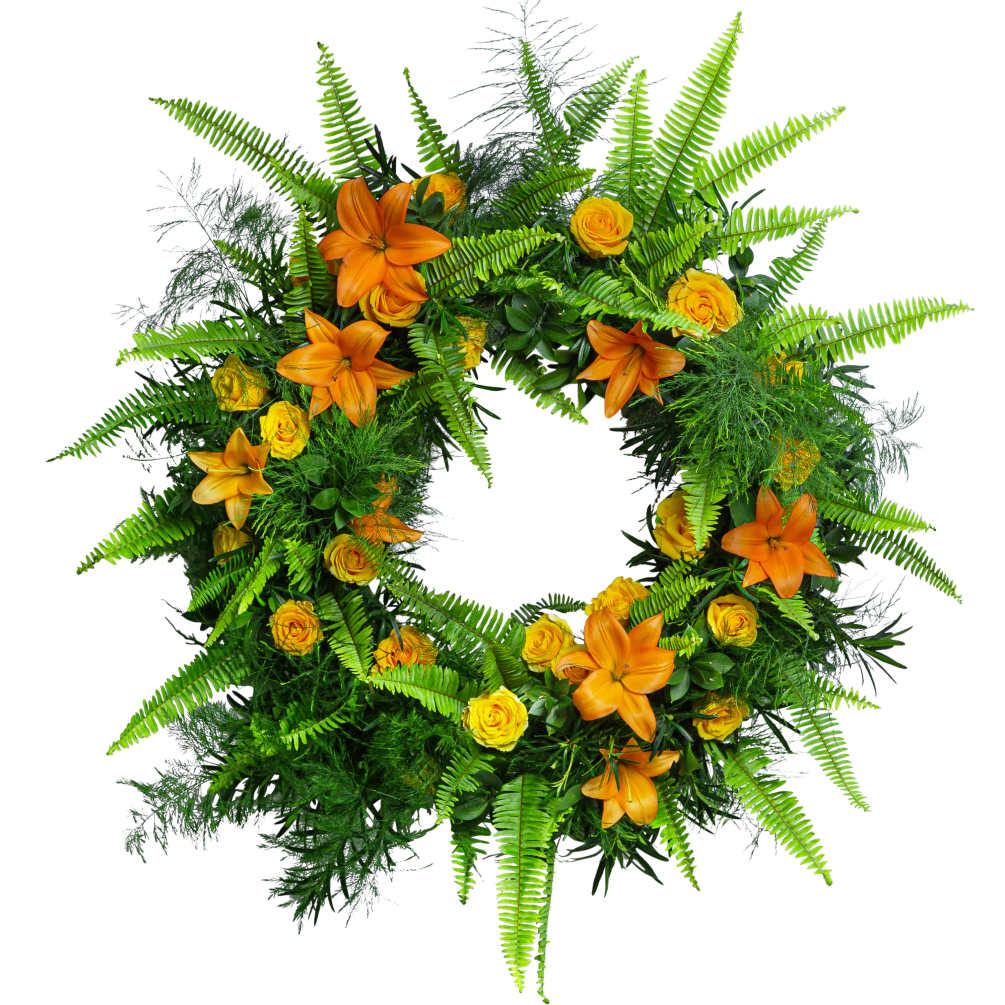 The circular shape of a wreath symbolizes never ending love. Yellow roses