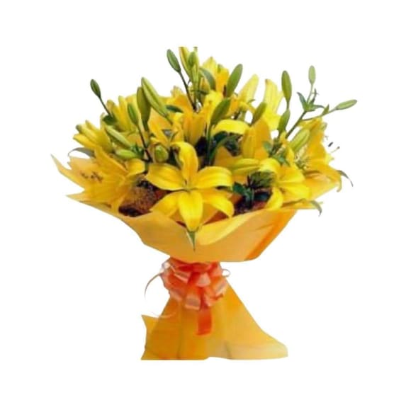 Beautiful Bouquet of Yellow Lilies 8 Stems with fine foliage. Fine wrapping